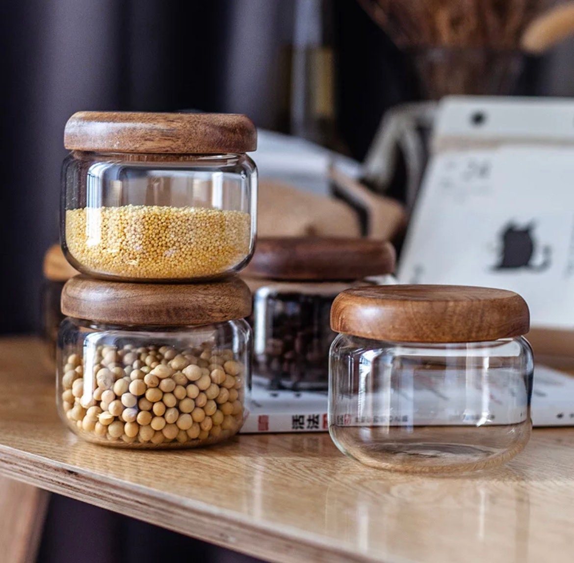 SALE RIO Square Glass Spice Jars With Natural Acacia Wood Lids