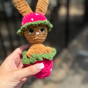 Strawberry Bunny Plushie – Handmade Crochet Toy | Amigurumi Bunny | Kawaii Gift | Soft Plush Animal | Woodland Nursery Decor