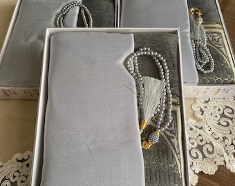 Set de regalo islámico personalizado: alfombra de oración, cuentas y bufanda