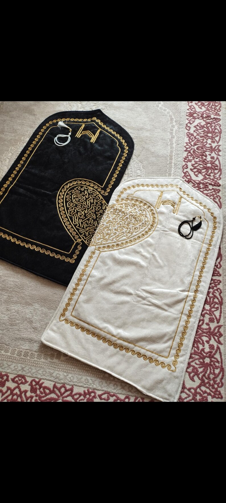 Personalized Chenille Prayer Rug Set: Islamic Couple Gift with Prayer Beads image 7