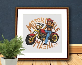 Motorcycle Madness Biker Old Hippie Counted Cross Stitch Pattern Chart Digital Download