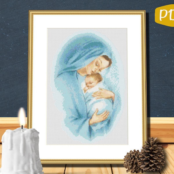 Blue Madonna Mother and Child Counted Cross Stitch Pattern PDF Chart Digital Download