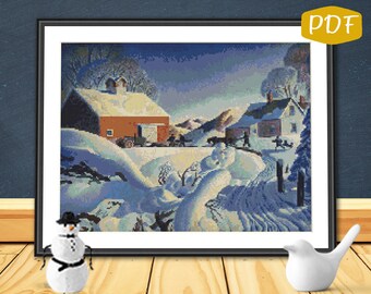 Farm in Winter Counted Cross Stitch Needlepoint Pattern PDF Chart  Digital Download Pattern Winter Scene