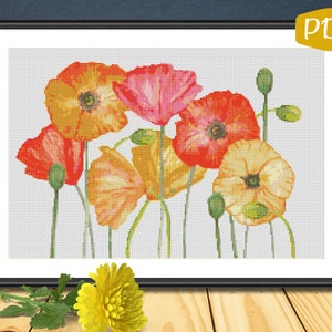 Spring Poppies Flowers Counted Cross Stitch Pattern PDF Chart Digital Download