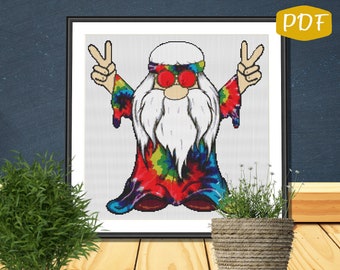 Hippie Peace Gnome Pattern Counted Cross Stitch Pattern PDF Chart Digital Download