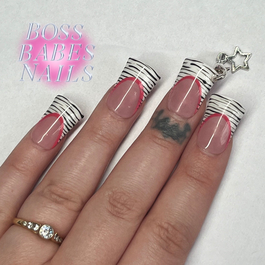 Y2k Zebra Print press on nails // zebra print tips, mcbling press on nails, 2000s nail design, handmade press on nails, y2k inspired nails