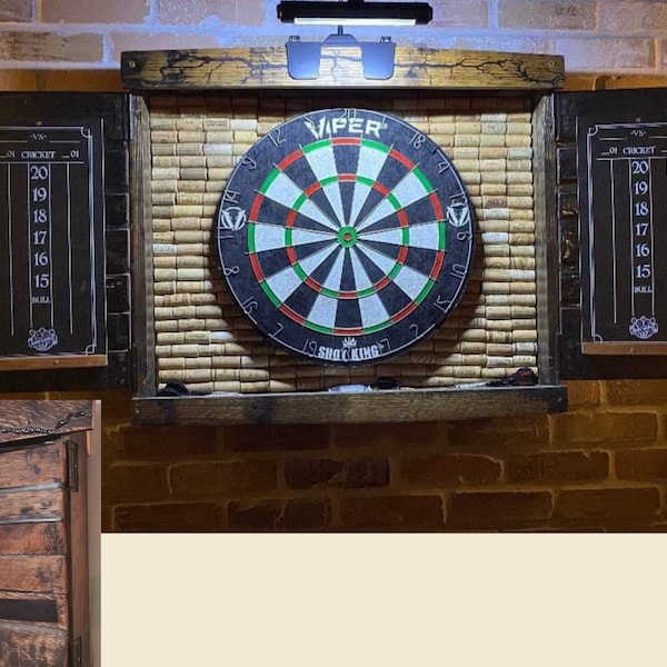 Fractal Burned Whiskey Barrel Dart Cabinet Wine Cork Backing (Oil Finish) (Dartboard, Darts and Scoreboard INCLUDED)