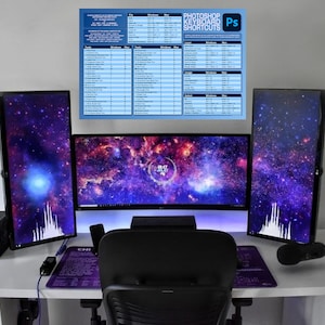 Op de afbeelding: Een wit bureau met een zwarte bureaustoel, drie monitoren die een galactisch thema-achtergrond weergeven, een zwarte microfoonarm en een zwarte computertoren met paarse accenten. Een poster met de tekst "Photoshop-toetsenbordshortcuts" hangt aan de muur.