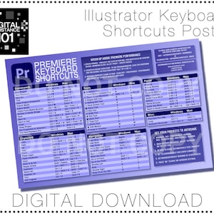 May include: A purple and white poster with the title "Illustrator Keyboard Shortcuts Poster". The poster lists keyboard shortcuts for Adobe Premiere Pro, including commands, tools, panels, and clipboard functions. The poster also includes instructions on how to set projects to autosave.