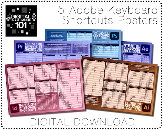 Digital Download 5-Pack - Keyboard Shortcuts Posters - Premiere, Photoshop, InDesign, After Effects, and Illustrator