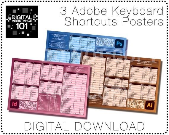 Keyboard Shortcuts Posters 3 pack - InDesign, Photoshop, & Illustrator - Digital Download