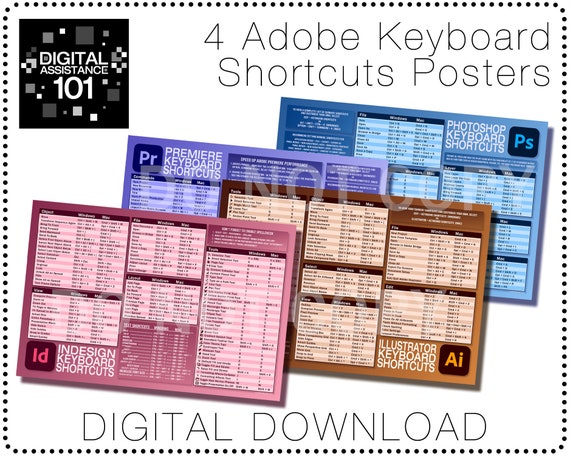 Digital Download 4-Pack - Keyboard Shortcuts Posters - Premiere, Photoshop, InDesign, and Illustrator