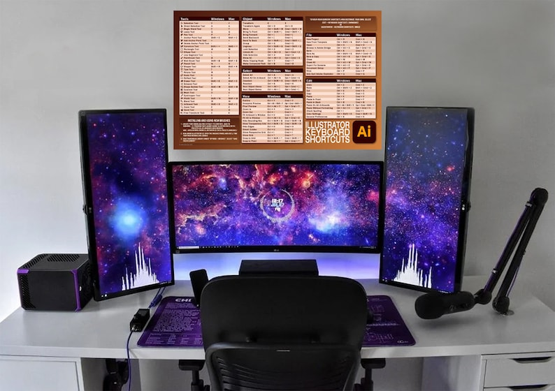 May include: A white desk with a black chair, a black microphone arm, and three monitors with a galaxy-themed background. The monitors are set up in a triple monitor configuration. A poster with the text "Illustrator Keyboard Shortcuts Ai" is on the wall behind the monitors.