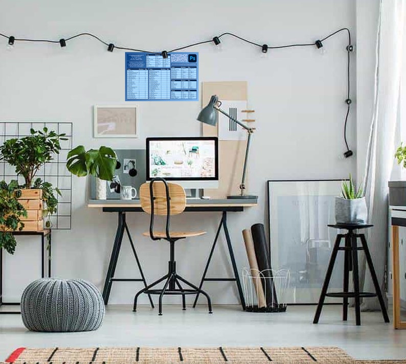 Op de afbeelding: Een thuiskantoor met een computer, bureau, stoel en planten. Een poster met de tekst "Ps" hangt aan de muur.