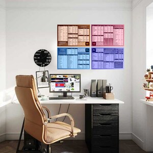 Puede incluir: Un espacio de trabajo de oficina en casa con un escritorio blanco, una silla de oficina negra, un monitor de computadora, un reloj negro y una estanter&iacute;a con libros. Hay cuatro carteles en la pared con atajos de teclado de Adobe Photoshop, Illustrator, InDesign y Premiere Pro.