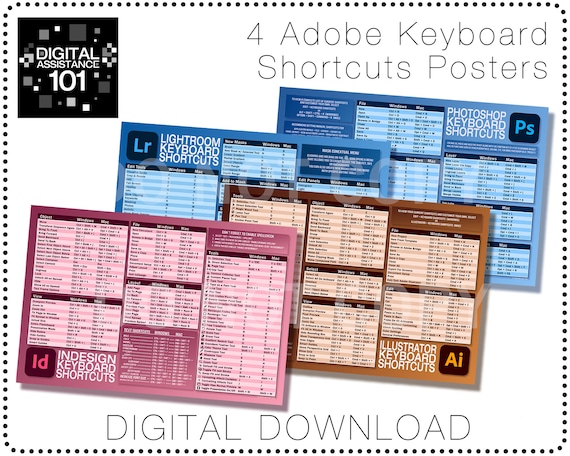 Digital Download 4-Pack - Graphic Design Keyboard Shortcuts Posters - Lightroom, Photoshop, InDesign, and Illustrator