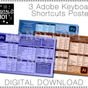 Keyboard Shortcuts Posters 3 pack - Premiere, Photoshop, & Illustrator - Digital Download