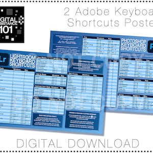 May include: Two digital posters with blue backgrounds and white text, showing keyboard shortcuts for Adobe Photoshop and Adobe Lightroom. The posters are titled "Photoshop Keyboard Shortcuts" and "Lightroom Keyboard Shortcuts".