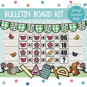 Puede incluir: Un kit de tablero de anuncios para actividades de matemáticas de primavera y verano. El kit incluye una pancarta colorida con mariposas y flores, un conjunto de problemas de matemáticas con mariposas, flores y pájaros, y un conjunto de herramientas matemáticas que incluyen una regla, un transportador y una calculadora.