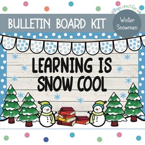 Kit de tablón de anuncios de invierno con nieve, muñecos de nieve, libros y árboles: aprender es nieve, genial, nieve, me alegro de que estés aquí, nuestra clase es nieve, mucha diversión
