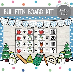 May include: A Christmas-themed math bulletin board kit with a wooden background. The kit includes images of hot chocolate, snowmen, and reindeer. The math problems include addition, subtraction, and multiplication. The kit also includes a calculator, ruler, protractor, and pencil.