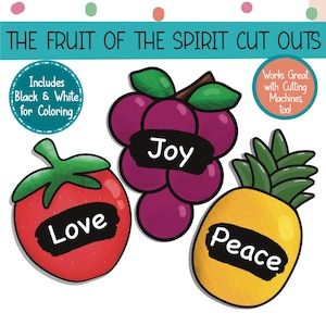 May include: Printable cut-out images of fruits representing the fruits of the spirit: love, joy, and peace. The images are black and white and can be colored in.