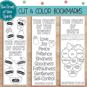 May include: Black and white printable bookmarks with illustrations of fruit and the text "The Fruit of God's Spirit" and "The Fruit of the Spirit". The text "Galatians 5:22-23" is at the bottom of each bookmark.