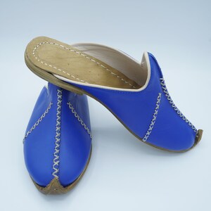 Navy Women&#39;s Leather Shoes, Gift for Her, Blue Leather Slip-Ons, Handmade Slippers, Turkish Yemeni Slippers