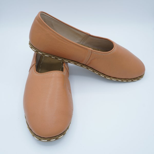 Zapatos de cuero de hombre Camel, Zapatos de verano planos marrones,Slip-Ons de cuero, mocasines cuero hechos a mano cacao, regalo para él