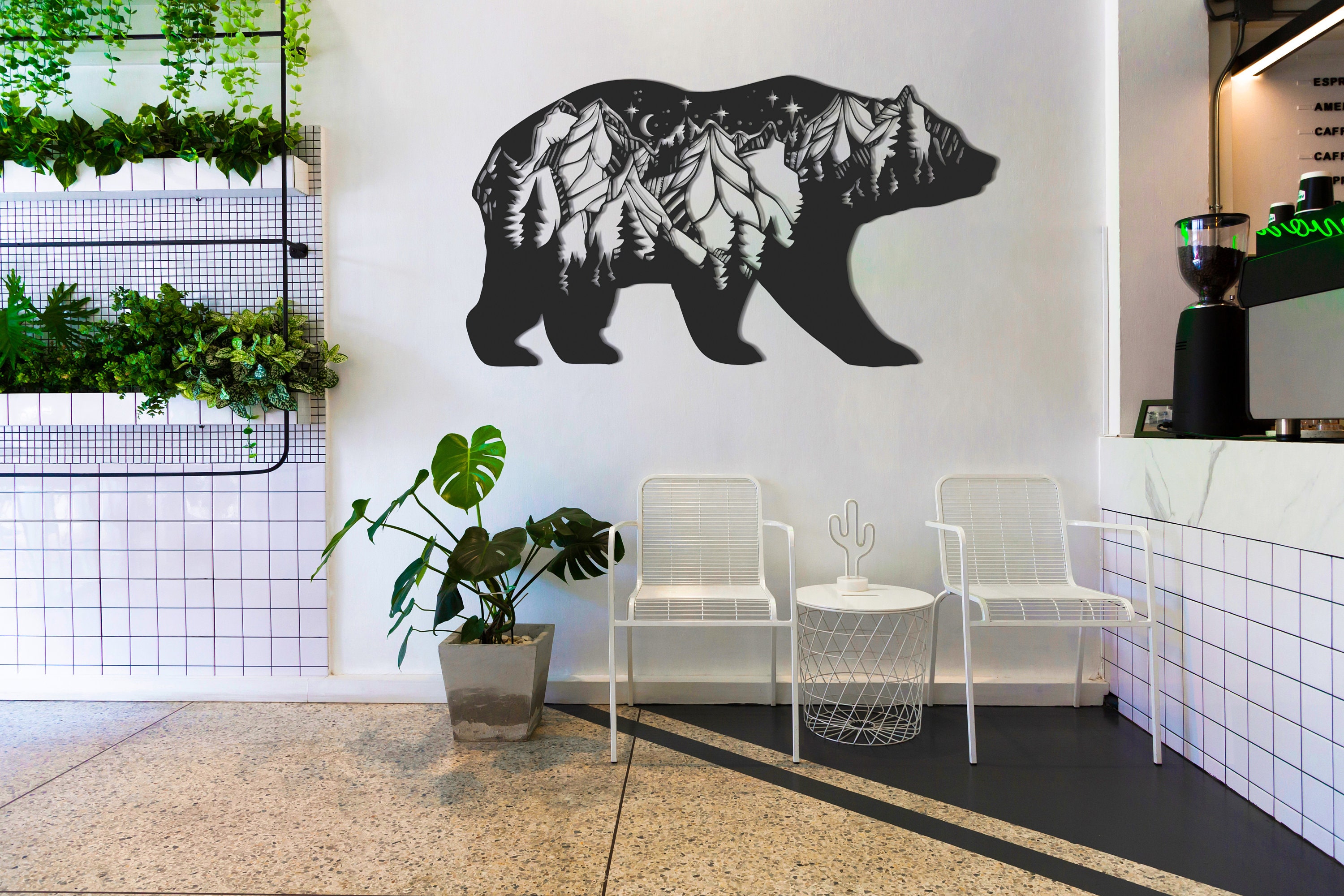 Bear and Forest Metal Wall Decor, Mountain Pattern Bear Metal Wall Art