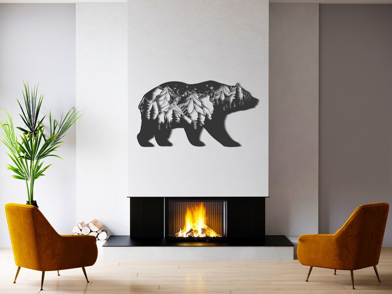 Bear and Forest Metal Wall Decor, Mountain Pattern Bear Metal Wall Art