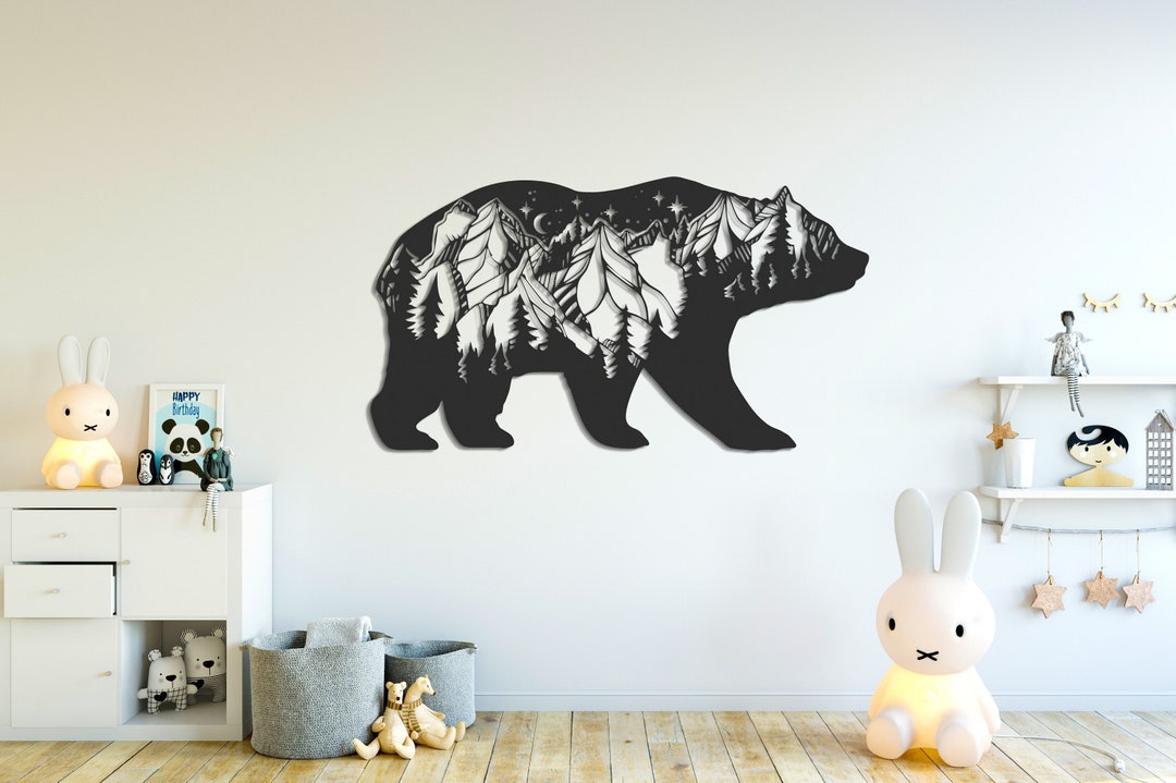 Bear and Forest Metal Wall Decor, Mountain Pattern Bear Metal Wall Art