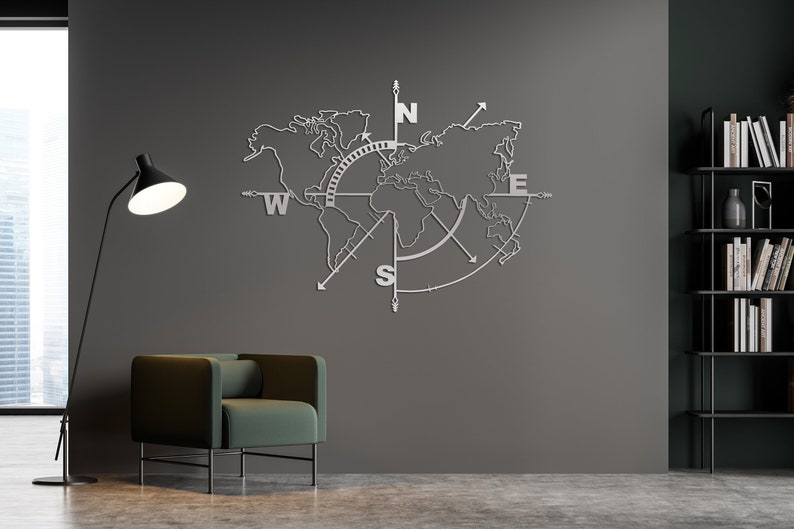 Metal World Map Metal Decor World Map Compass Wall Art Wall Etsy