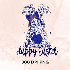 Joyeuses Pâques PNG, Chinoiserie florale bleue Lapin Png, Pâques Png, Lapin de Pâques en toile bleue Png, Coquette de Pâques Png, Design par sublimation, DTF