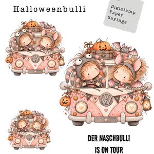 Könnte beinhalten: Ein digitales Stempelset mit einem rosa Bus, verziert mit Halloween-Elementen wie Kürbissen, einer Fledermaus und zwei Figuren in Spinnen- und Fledermauskostümen. Text: Digistamp Set Halloweenbulli, Digistamp Paper Sayings, PNG PDF und Der Naschbulli is on tour.