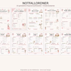 May include: A set of ten printable emergency planner pages titled NOTFALLORDNER. Each page features a soft pink color palette with floral illustrations, house icons, and structured fields for recording personal, family, and emergency contact information.