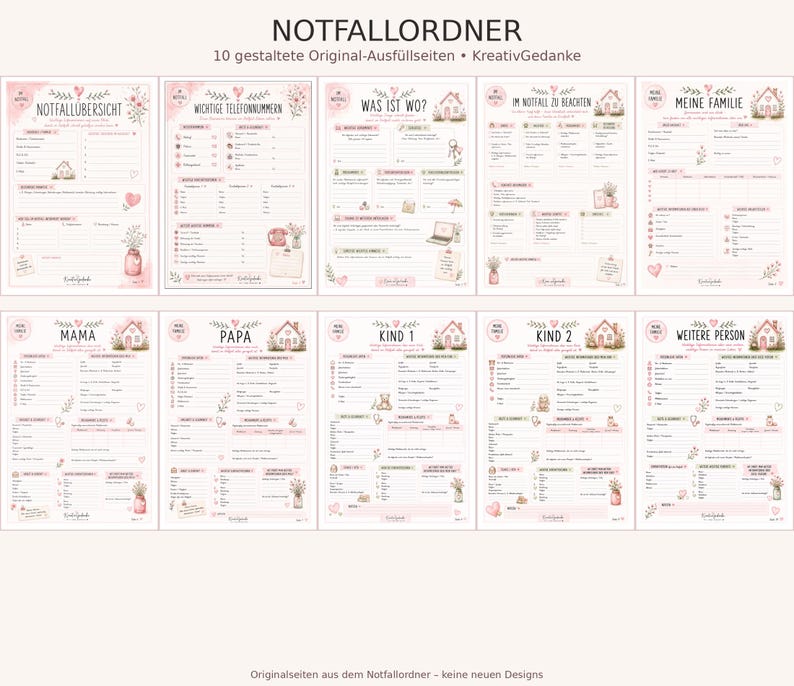 May include: A set of ten printable emergency planner pages titled NOTFALLORDNER. Each page features a soft pink color palette with floral illustrations, house icons, and structured fields for recording personal, family, and emergency contact information.