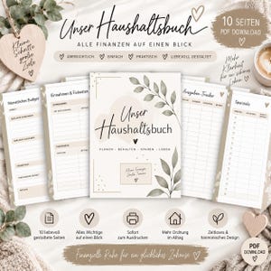 May include: A digital household budget planner template featuring multiple pages with sections for monthly budgets, income, fixed costs, expense tracking, and savings goals. The design includes botanical leaf illustrations, heart icons, and German text.