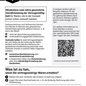 May include: An informational document titled GESETZLICHE GEW&Auml;HRLEISTUNG featuring a black and white layout with text explaining European Union consumer rights, including a QR code and the URL europa.eu/youreurope/garantien at the bottom right.