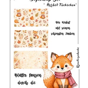 May include: A digital stamp set titled Digistamp Set Herbst Füchschen featuring three rectangular patterns with foxes, pumpkins, mushrooms, and leaves, plus a large fox illustration wearing a pink scarf and German text phrases.