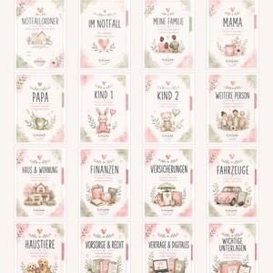 Puede incluir: Un conjunto de dieciséis separadores para una carpeta de emergencia titulada NOTFALLORDNER. Cada página presenta suaves ilustraciones en acuarela en rosa y verde, con etiquetas como MEINE FAMILIE, MAMA, PAPA, KIND 1, KIND 2, FINANZEN y HAUSTIERE.