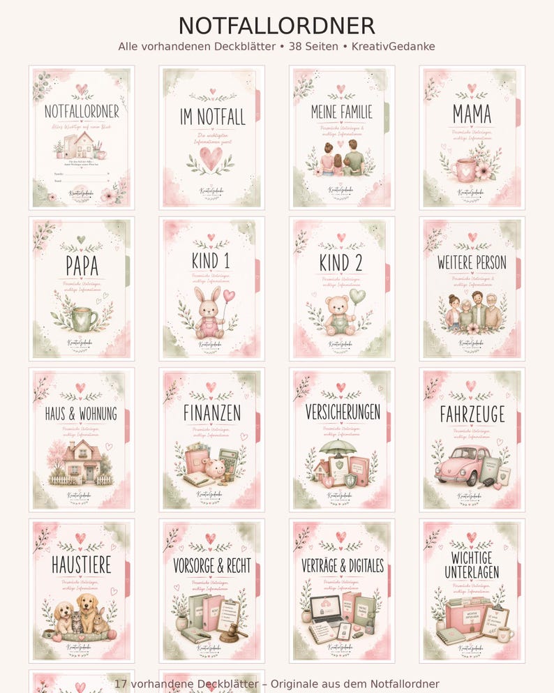 May include: A set of sixteen document dividers for an emergency binder titled NOTFALLORDNER. Each page features soft watercolor illustrations in pink and green, with labels including MEINE FAMILIE, MAMA, PAPA, KIND 1, KIND 2, FINANZEN, and HAUSTIERE.