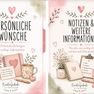 May include: Two rectangular planner pages with soft pink and green watercolor accents, heart illustrations, and floral motifs. The left page reads PERS&Ouml;NLICHE W&Uuml;NSCHE, and the right page reads NOTIZEN & WEITERE INFORMATIONEN, featuring notebooks, mugs, and pens.