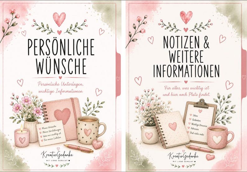 May include: Two rectangular planner pages with soft pink and green watercolor accents, heart illustrations, and floral motifs. The left page reads PERS&Ouml;NLICHE W&Uuml;NSCHE, and the right page reads NOTIZEN & WEITERE INFORMATIONEN, featuring notebooks, mugs, and pens.