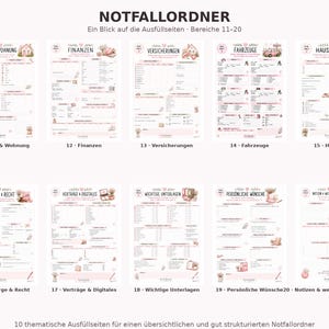 May include: Ten printable emergency binder pages with German text headings including Haus & Wohnung, Finanzen, Versicherungen, Fahrzeuge, Haustiere, Vorsorge & Recht, Vertr&auml;ge & Digitales, Wichtige Unterlagen, Pers&ouml;nliche W&uuml;nsche, and Notizen.