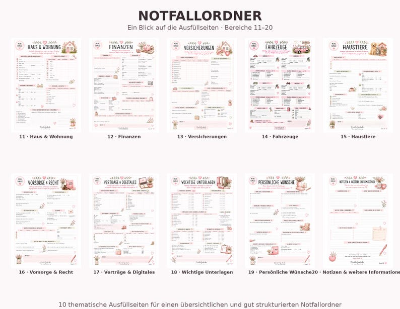 May include: Ten printable emergency binder pages with German text headings including Haus & Wohnung, Finanzen, Versicherungen, Fahrzeuge, Haustiere, Vorsorge & Recht, Vertr&auml;ge & Digitales, Wichtige Unterlagen, Pers&ouml;nliche W&uuml;nsche, and Notizen.