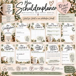 May include: A debt planner set featuring ten pages with floral accents and text including Mein Schuldenplaner, 10 liebevoll gestaltete Seiten, Planen, Organisieren, Motiviert bleiben, Deine Ziele erreichen, and various financial tracking tables.