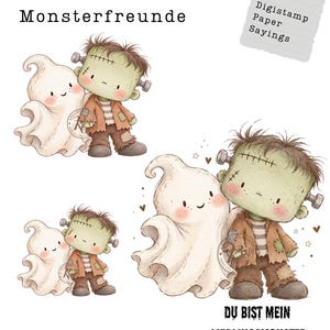 以下が含まれることがあります： 緑色のフランケンシュタイン風モンスターと白い幽霊のイラストが描かれたデジタルスタンプセット。テキストには「Digistamp Set Monsterfreunde」、「Digistamp Paper Sayings」、「PNG PDF」、およびドイツ語のフレーズ「DU BIST MEIN LIEBLINGSMONSTER」が含まれています。