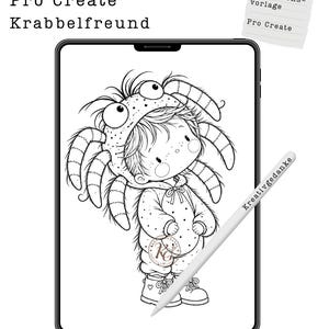Könnte beinhalten: Eine digitale Malvorlage für Procreate mit einer Strichzeichnung eines Kindes in einem Krabbenkostüm mit mehreren Beinen und großen Augen. Der Text lautet Kolorationsvorlage Pro Create Krabbelfreund und Kreativgedanke.