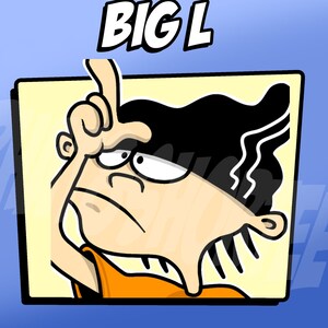 Può includere: Un'illustrazione di un cartone animato di un personaggio con i capelli neri, che indossa una camicia arancione, che fa un gesto di "perdente" con la mano. Il testo "BIG L" è sopra il personaggio.